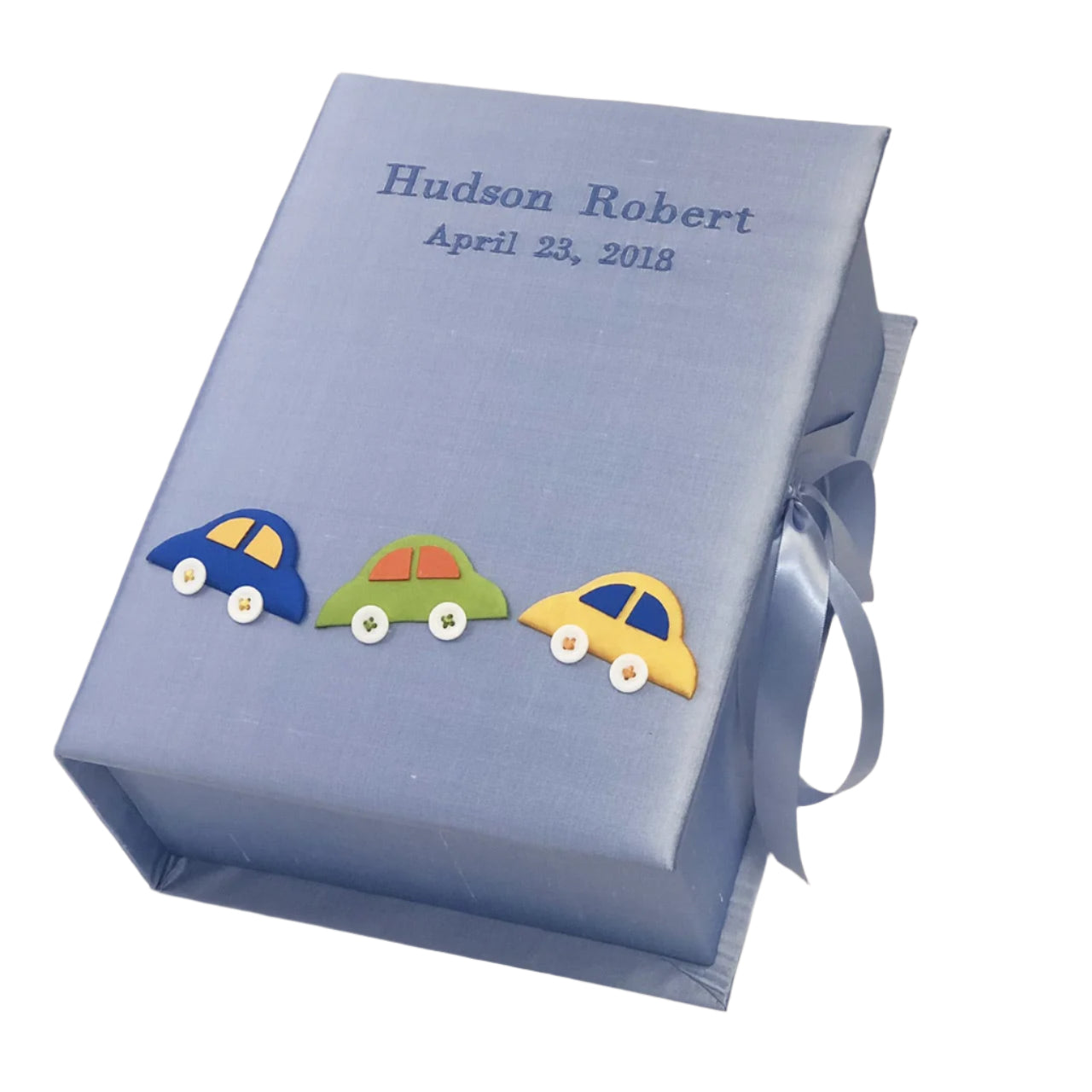 Baby Keepsake Box Handmade in Blue Shantung with Multicolored Cars - Medium - Personalized
