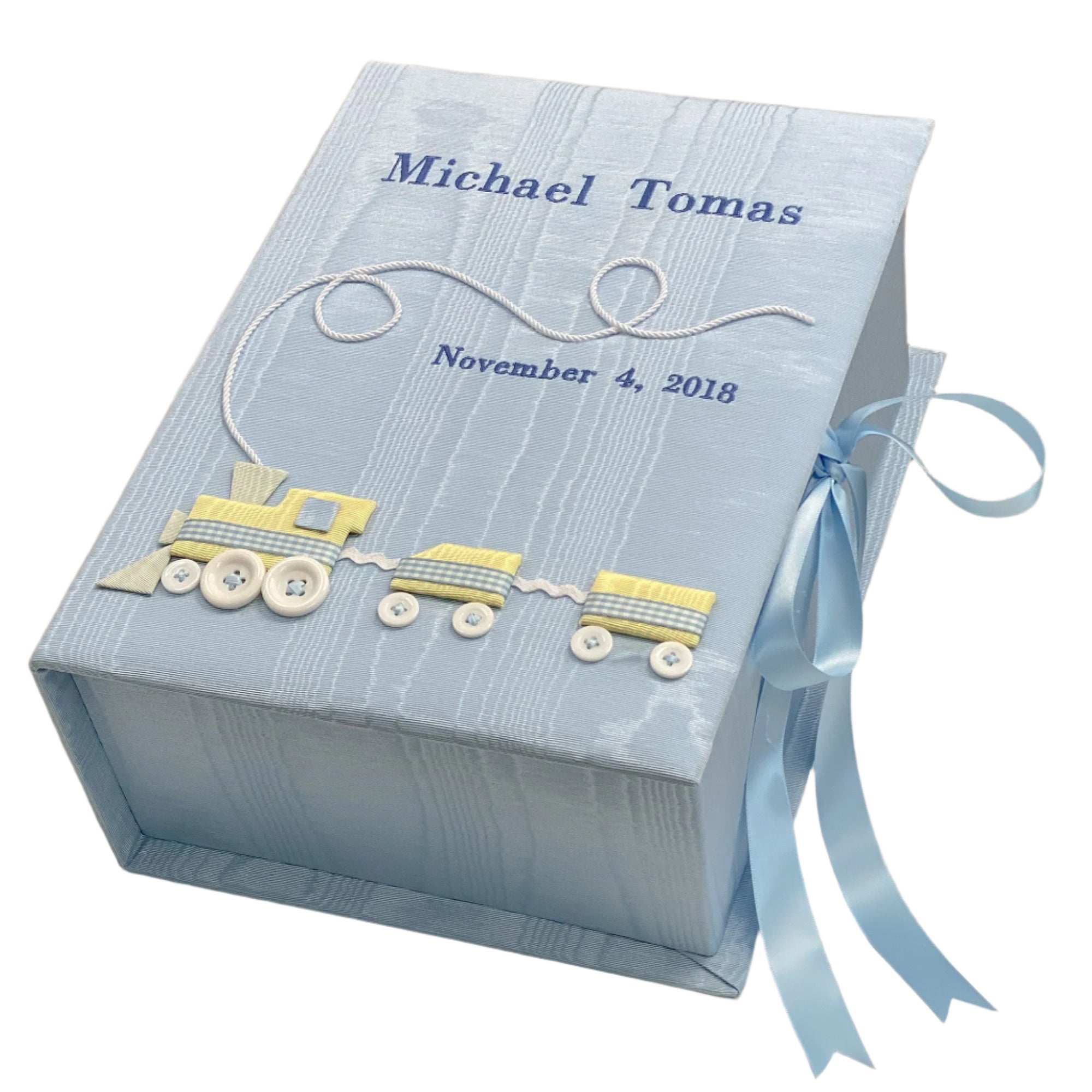 Baby Memory/Keepsake Box Handmade in Moiré with Choo Choo Train - Medium - Personalized