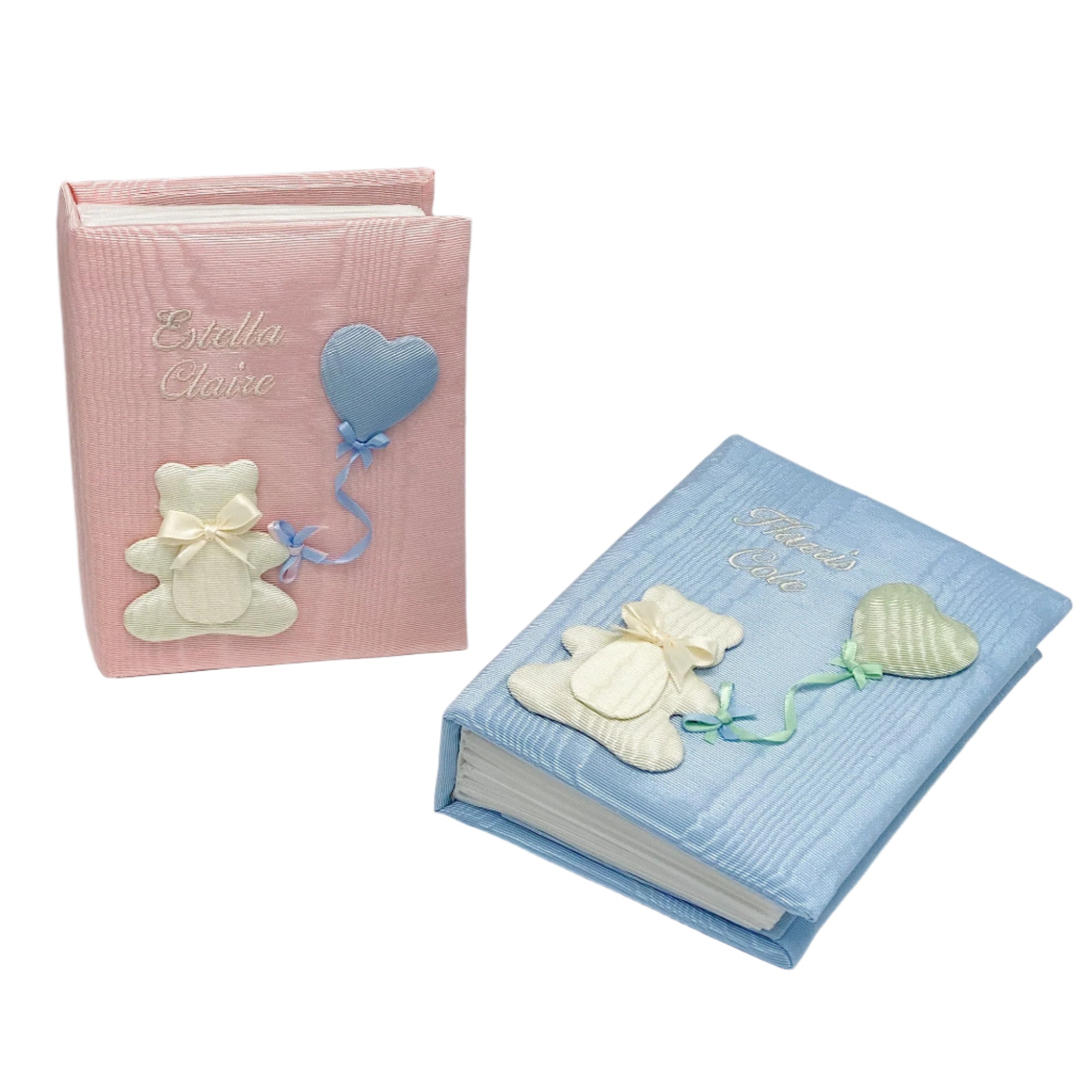 Baby Photo Album Handmade in Moiré with Bear & Balloons - Personalized -Small Hardbound Pic1