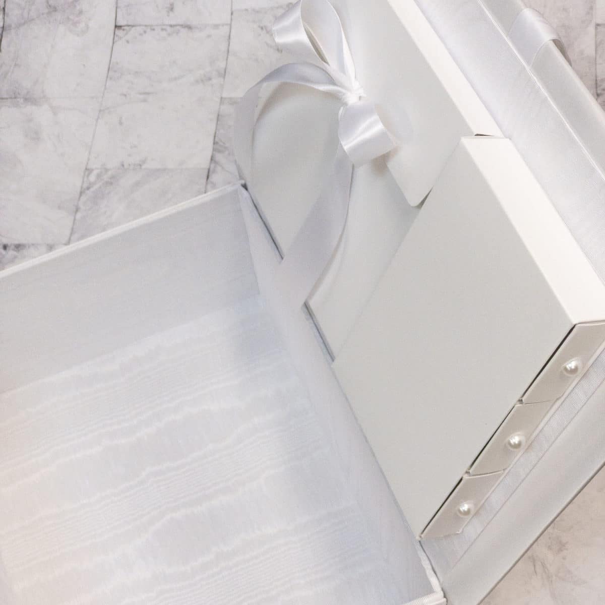 Baptism/Christening Memory/Keepsake Box in White Matte Satin with Cross with optional French Ribbon Rosettes - Medium Pic3