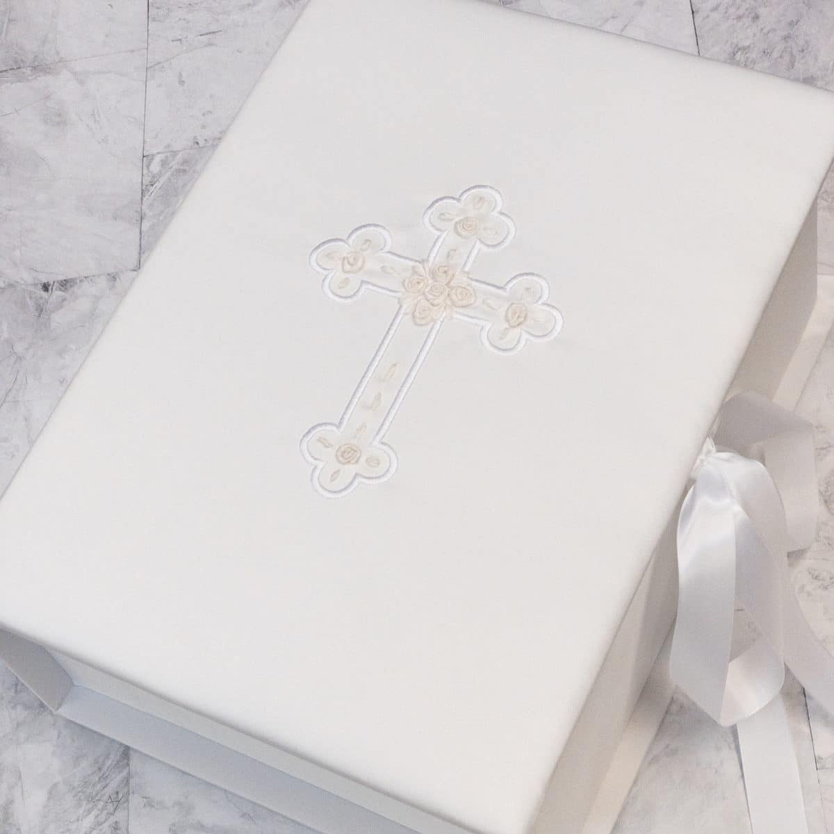Baptism/Christening Memory/Keepsake Box in White Matte Satin with Cross with optional French Ribbon Rosettes - Medium Pic4