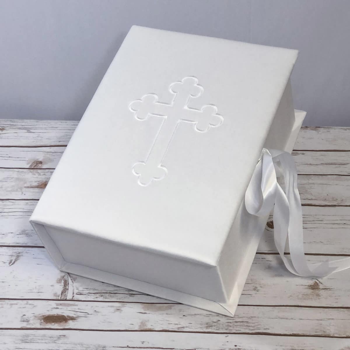 Baptism/Christening Memory/Keepsake Box in White Matte Satin with Cross with optional French Ribbon Rosettes - Medium Pic5