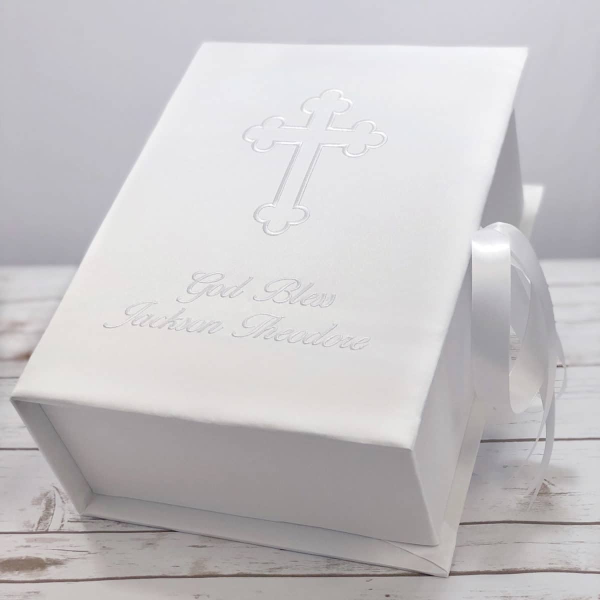 Baptism/Christening Memory/Keepsake Box in White Matte Satin with Cross with optional French Ribbon Rosettes - Medium Pic6