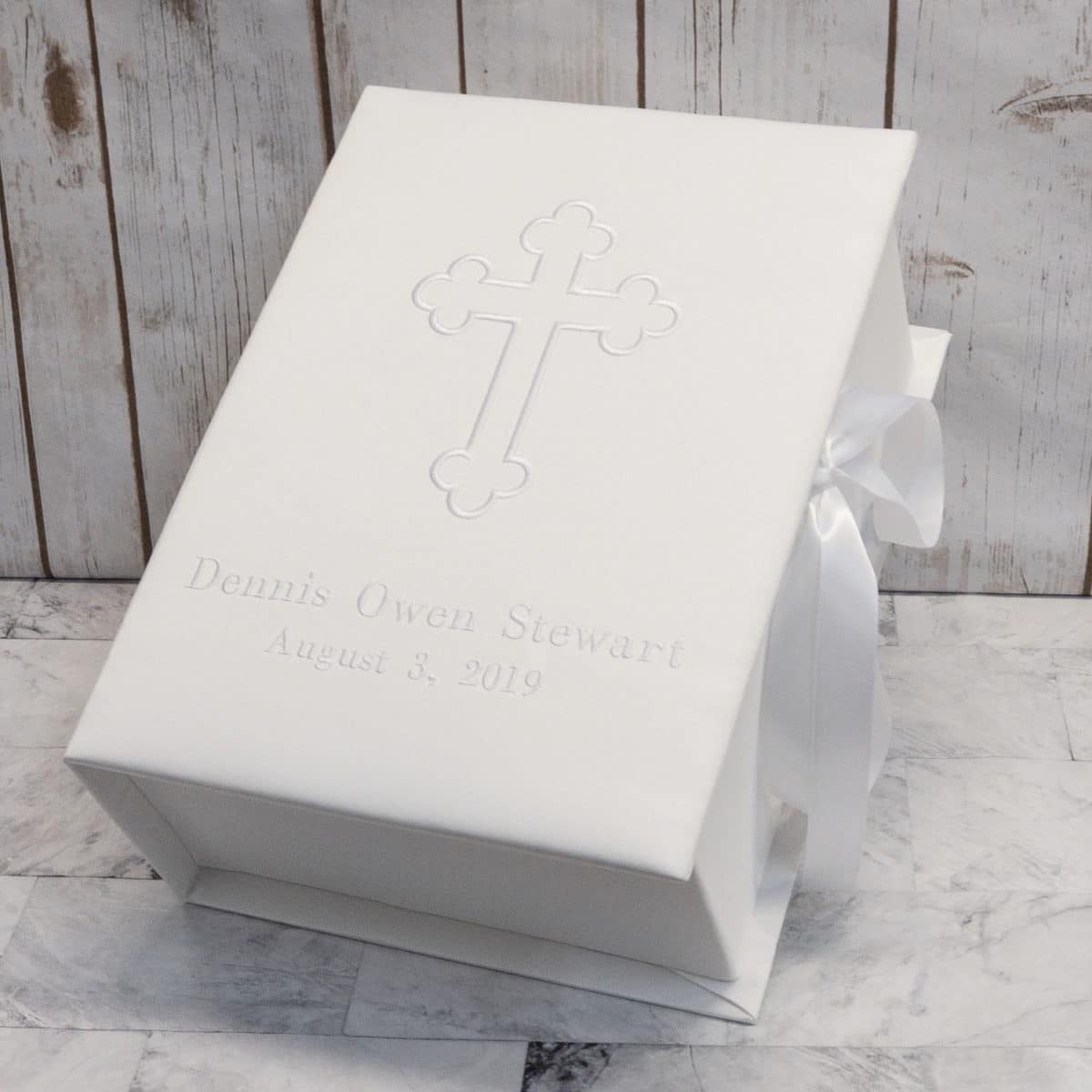 Baptism/Christening Memory/Keepsake Box in White Matte Satin with Cross with optional French Ribbon Rosettes - Medium Pic7