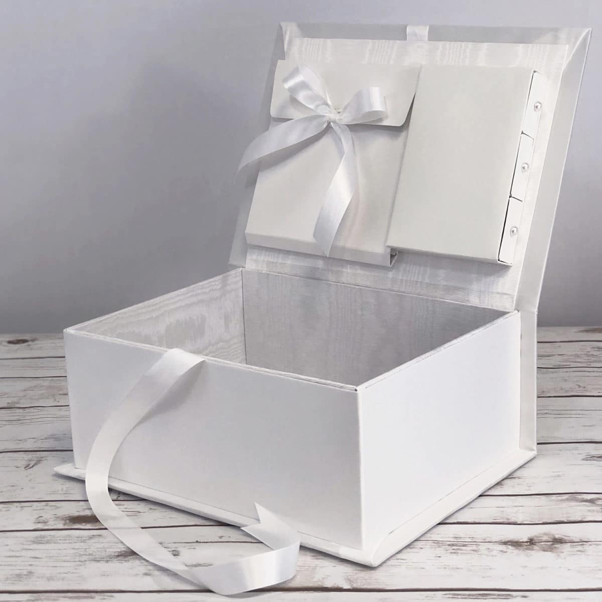 Custom Made Baby Baptism/Christening Memory/Keepsake Box in White Matte Satin with Cross with optional French Ribbon Rosettes - Medium Pic2