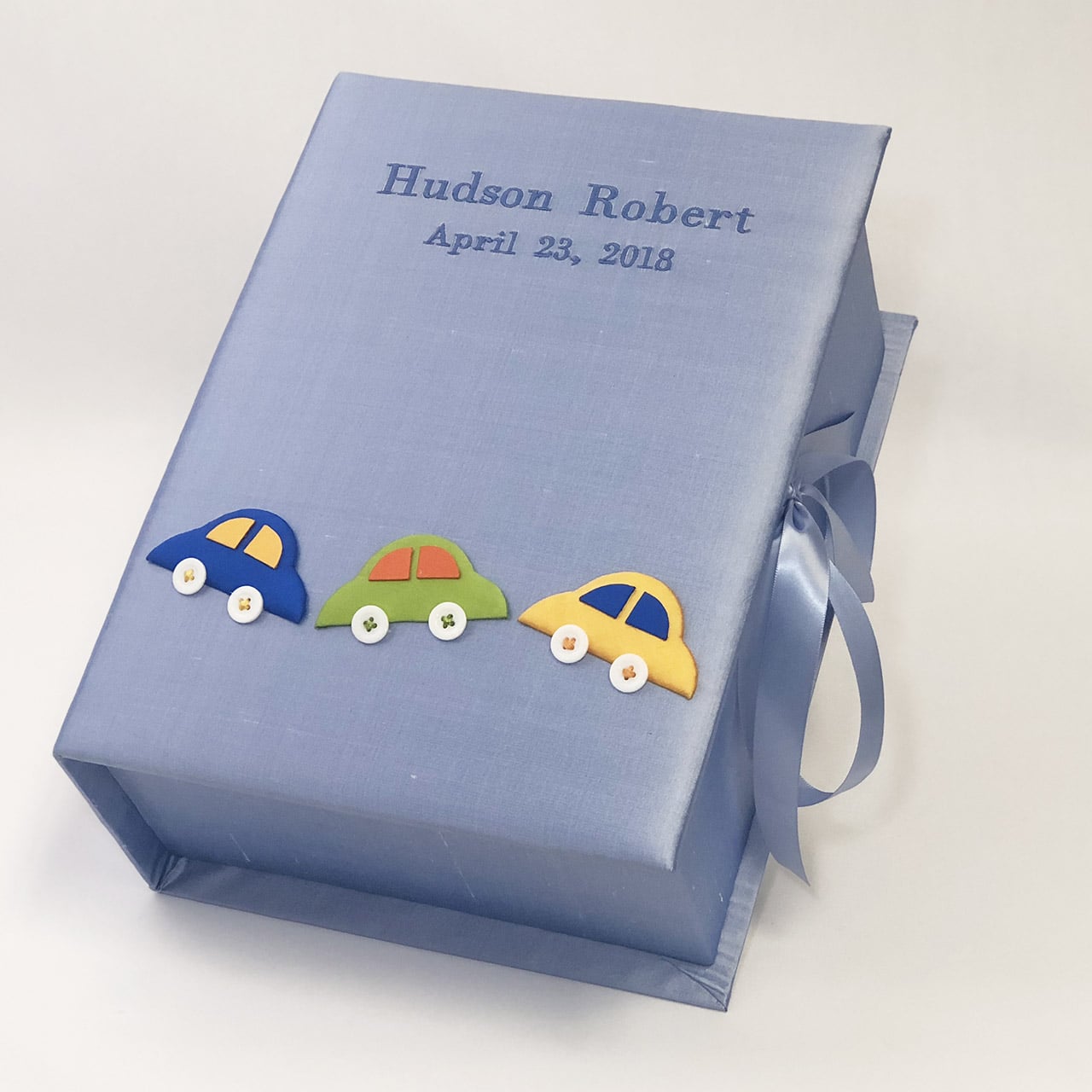 Custom Made Baby Keepsake Box in Blue Shantung with Multicolored Cars - Medium Pic2