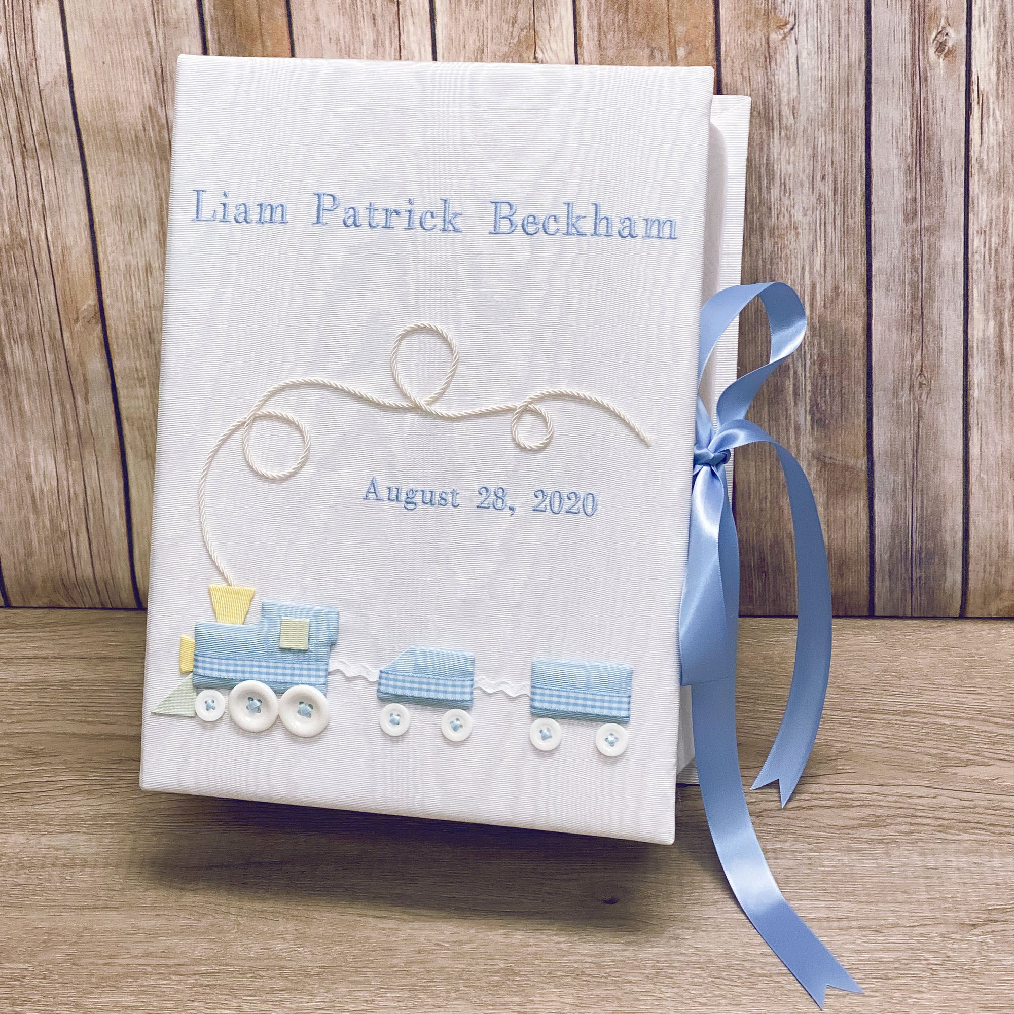 Custom Made Baby Memory/Keepsake Box in Moiré with Choo Choo Train - Medium Pic2