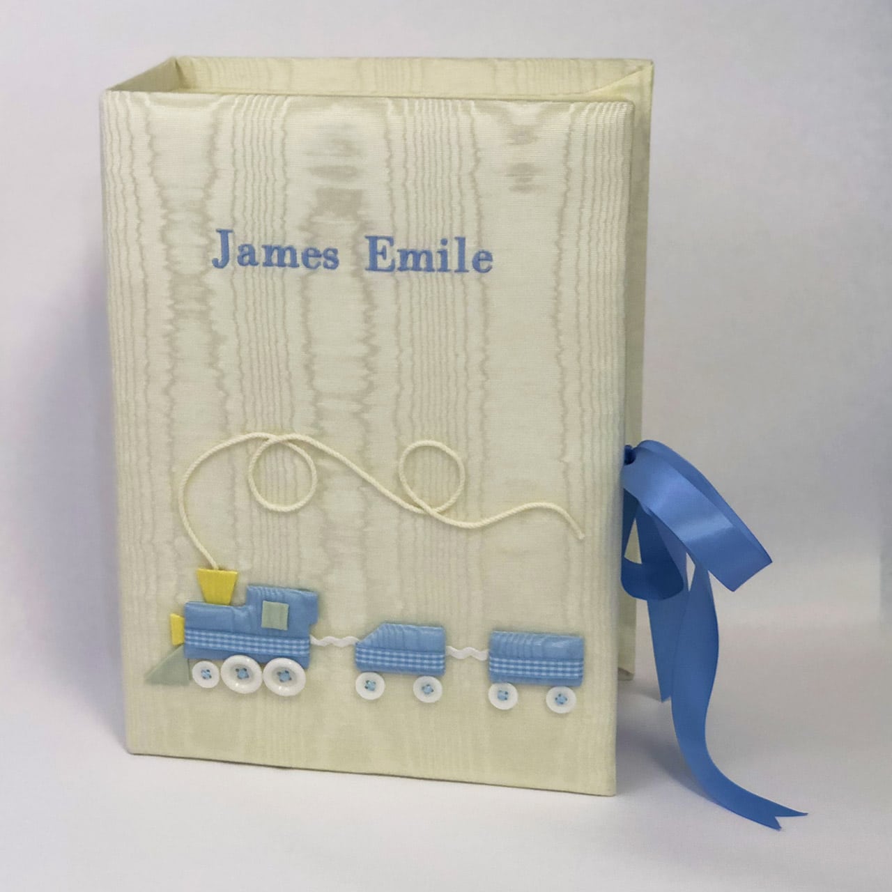 Custom Made Baby Memory/Keepsake Box in Moiré with Choo Choo Train - Medium Pic3