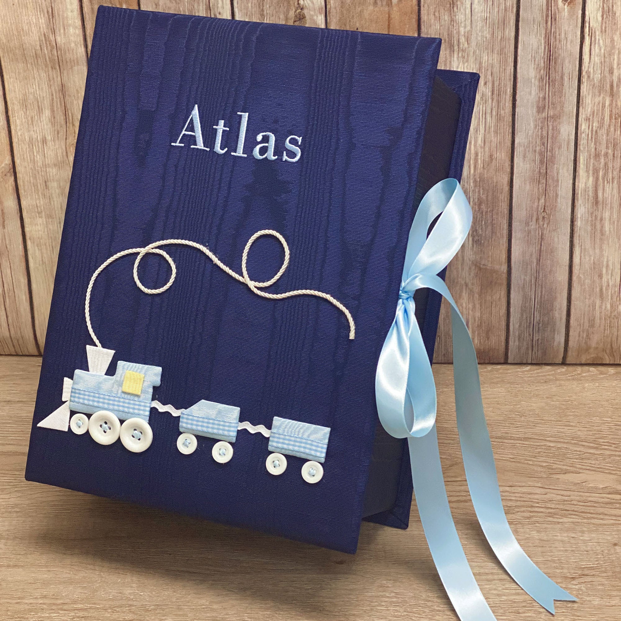 Custom Made Baby Memory/Keepsake Box in Moiré with Choo Choo Train - Medium Pic4