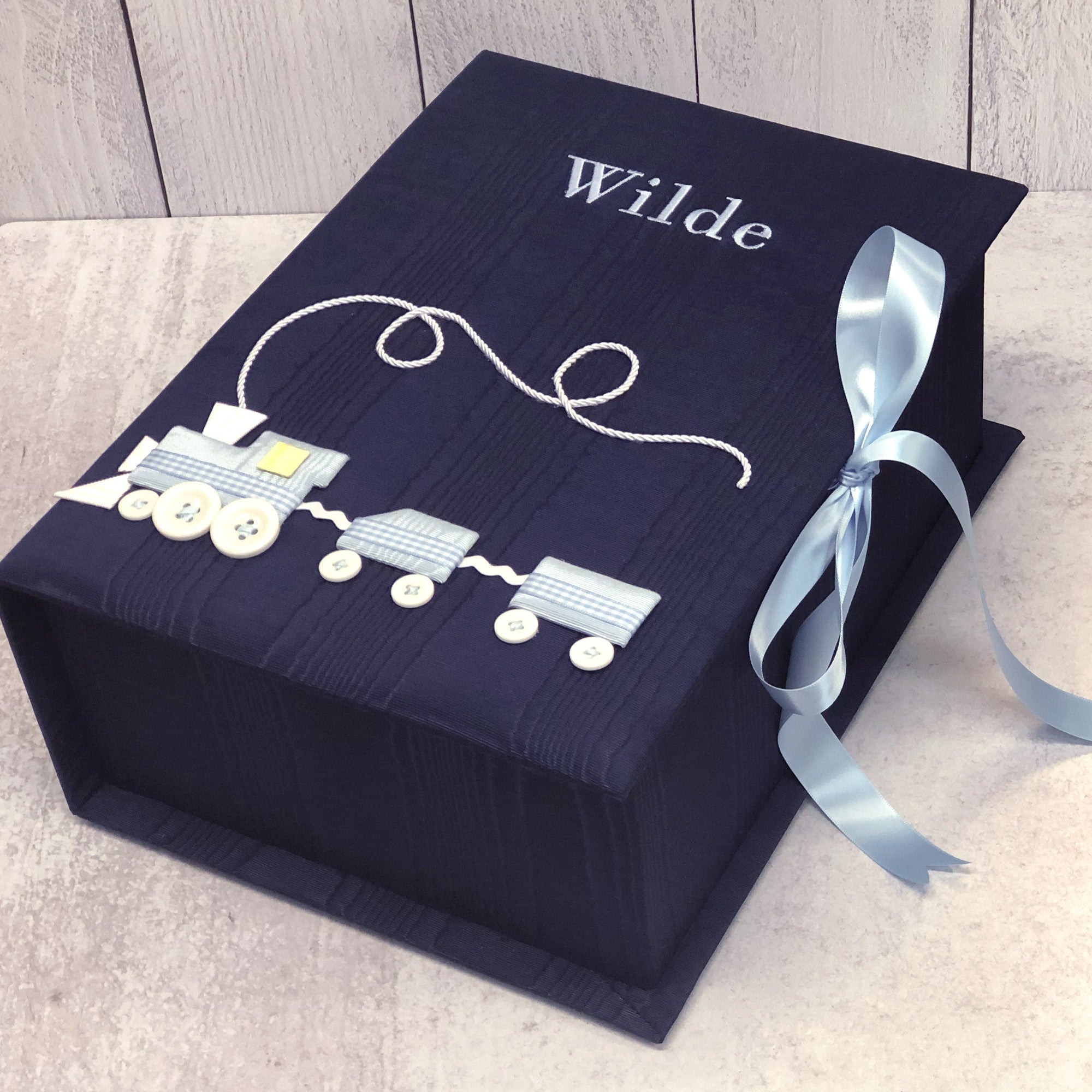 Custom Made Baby Memory/Keepsake Box in Moiré with Choo Choo Train - Medium Pic5