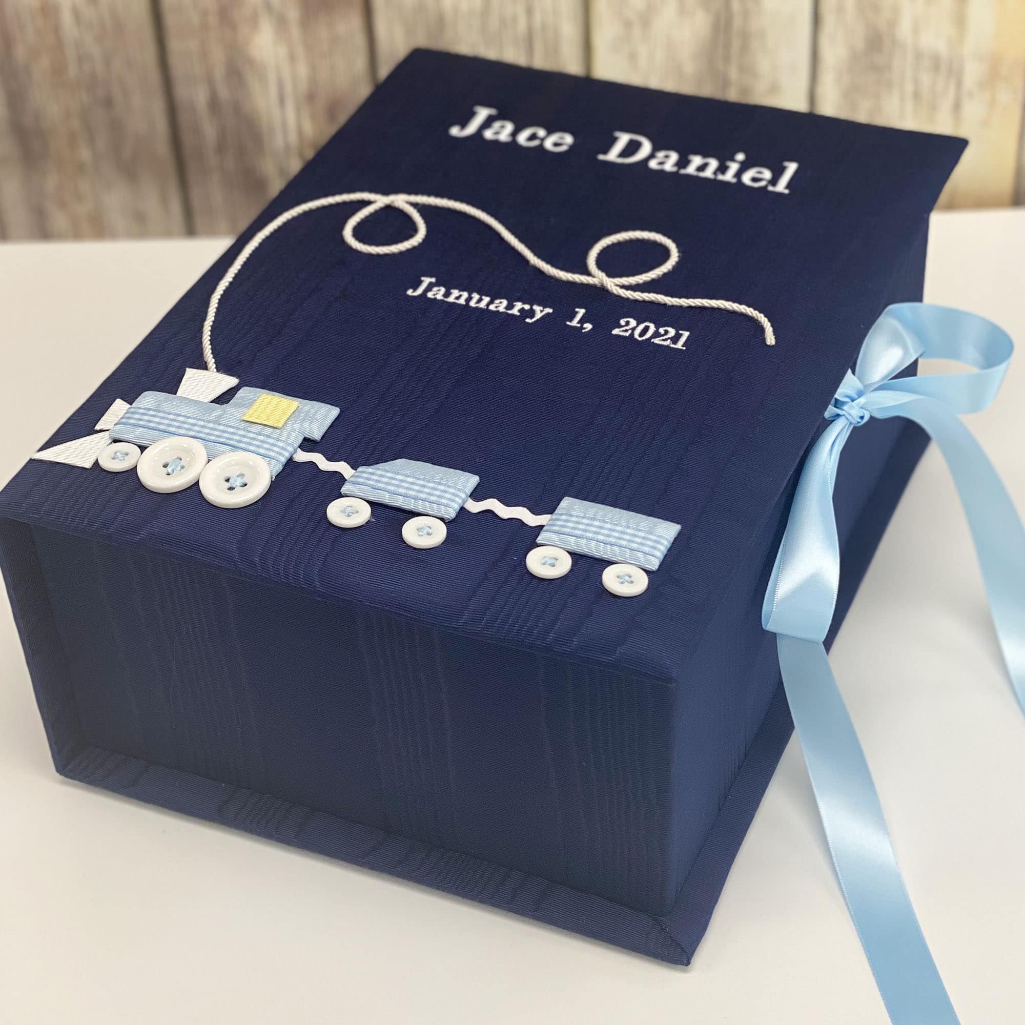 Custom Made Baby Memory/Keepsake Box in Moiré with Choo Choo Train - Medium Pic6