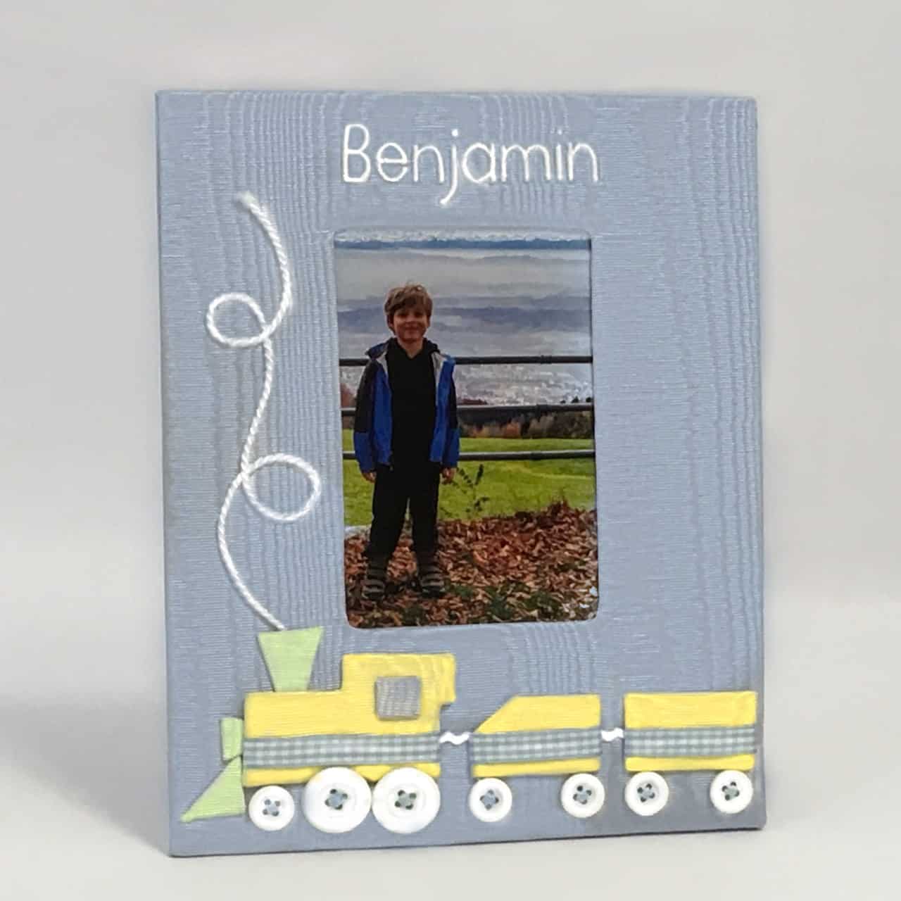 Custom Made Baby Photo Frame in Moiré with Choo Choo Train Pic2