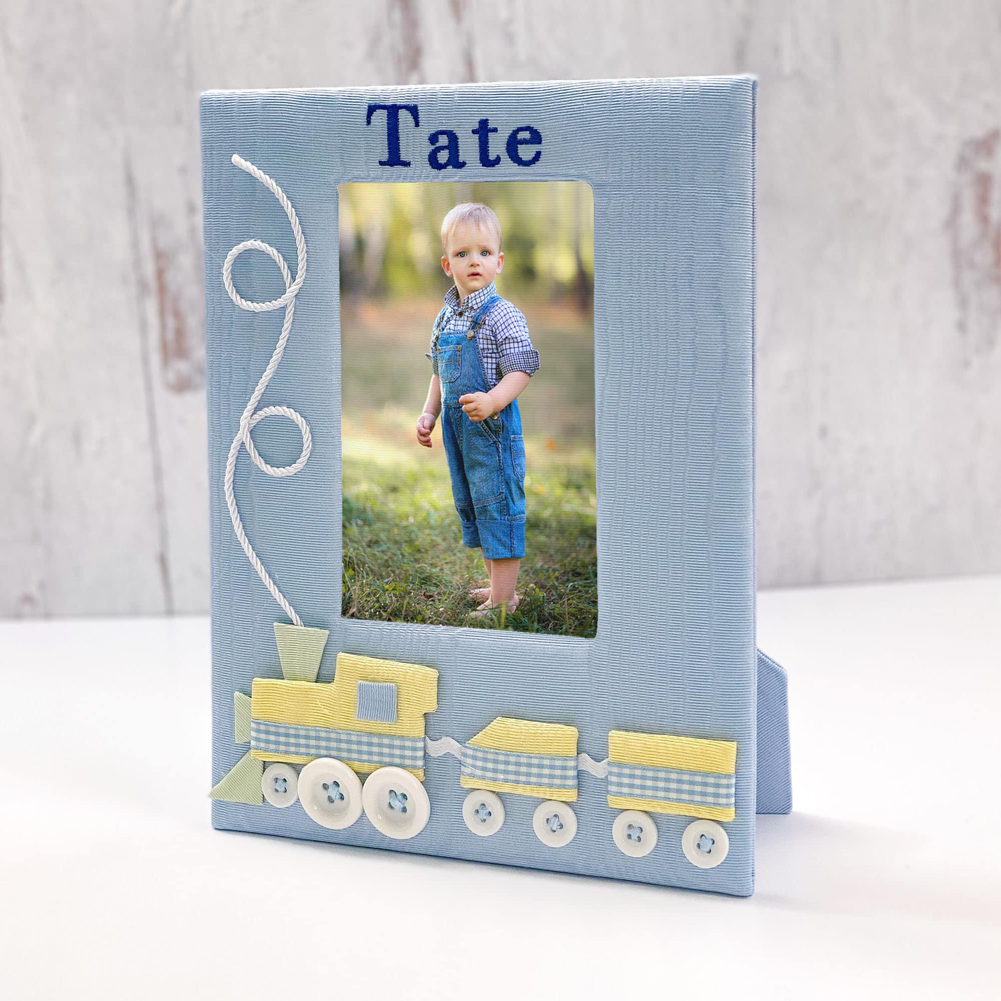Custom Made Baby Photo Frame in Moiré with Choo Choo Train Pic3