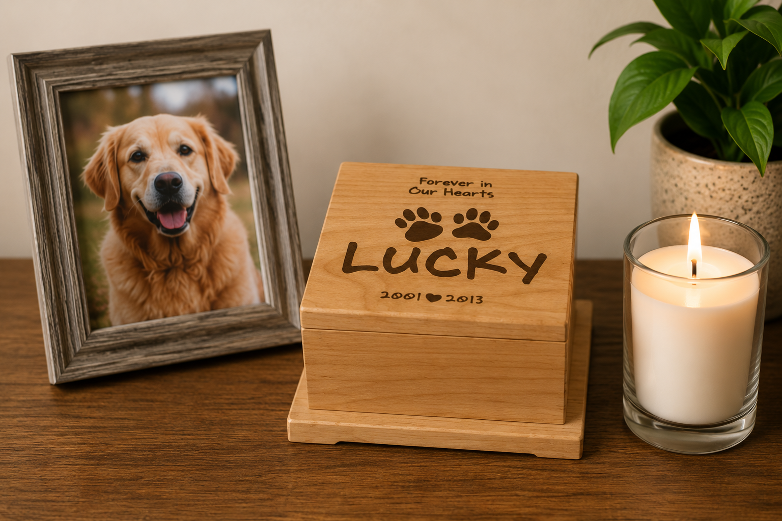 Pet urn with engraved name 'Lucky' next to a framed photo of a dog on a wooden surface.