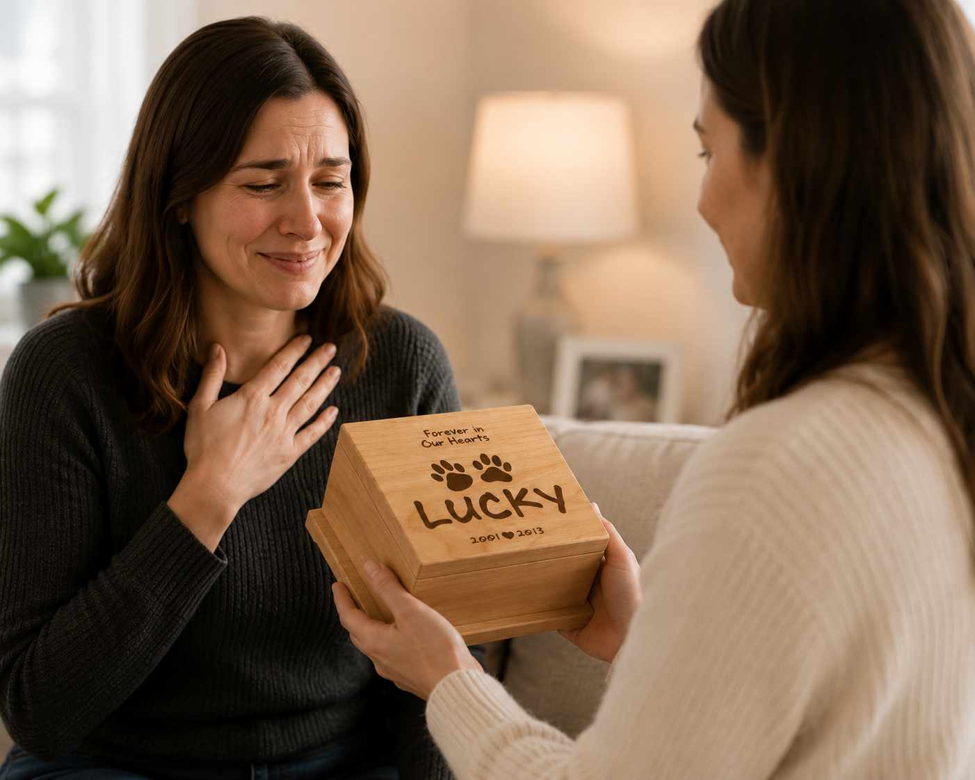 Woman receiving a pet urn with 'Lucky' engraved, showing emotional reaction.