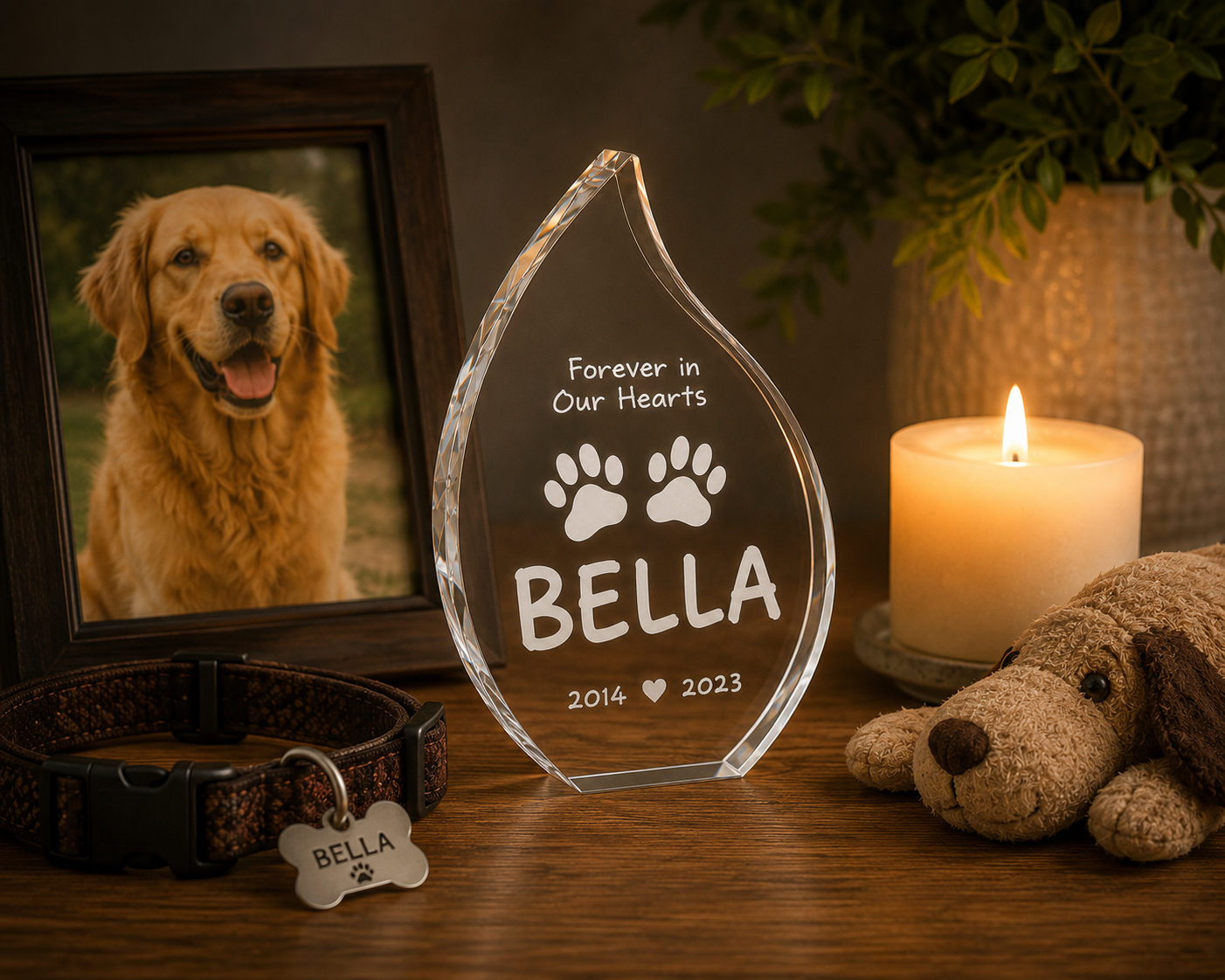 A clear acrylic pet memorial plaque engraved with 'Forever in Our Hearts BELLA 2014 2023' and paw prints, displayed on a wooden table alongside a framed golden retriever photo, a brown collar with a 'BELLA' tag, a lit candle, and a plush dog toy.