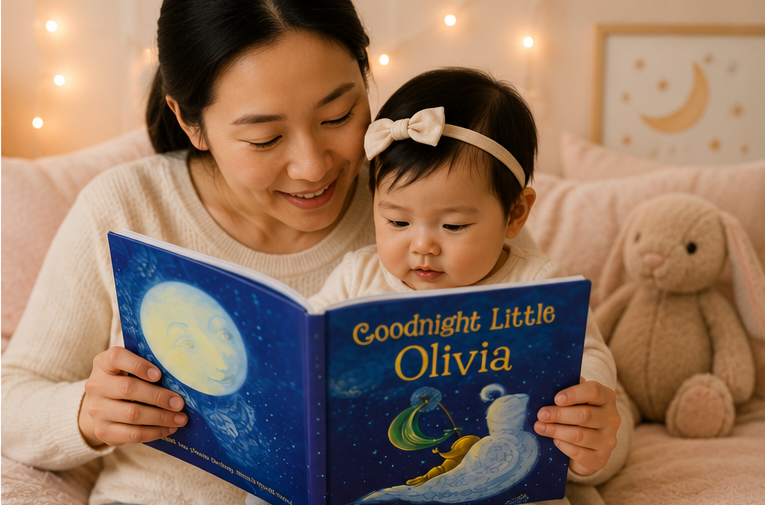 Woman reading 'Goodnight Little Olivia' to a child in a cozy room with soft lighting.