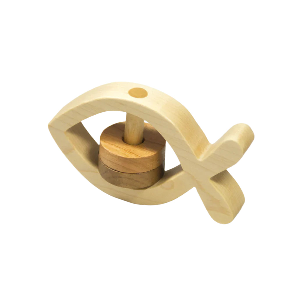 Personalized All-Natural Wooden Baby Rattle - Christian Fish - Handmade Wooden Baby Toy pic1