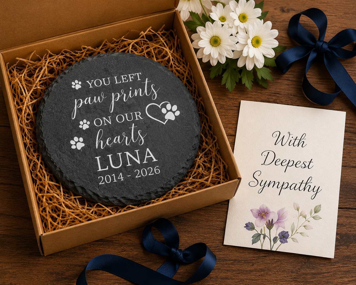 Memorial plaque for a pet with a card and flowers on a wooden surface