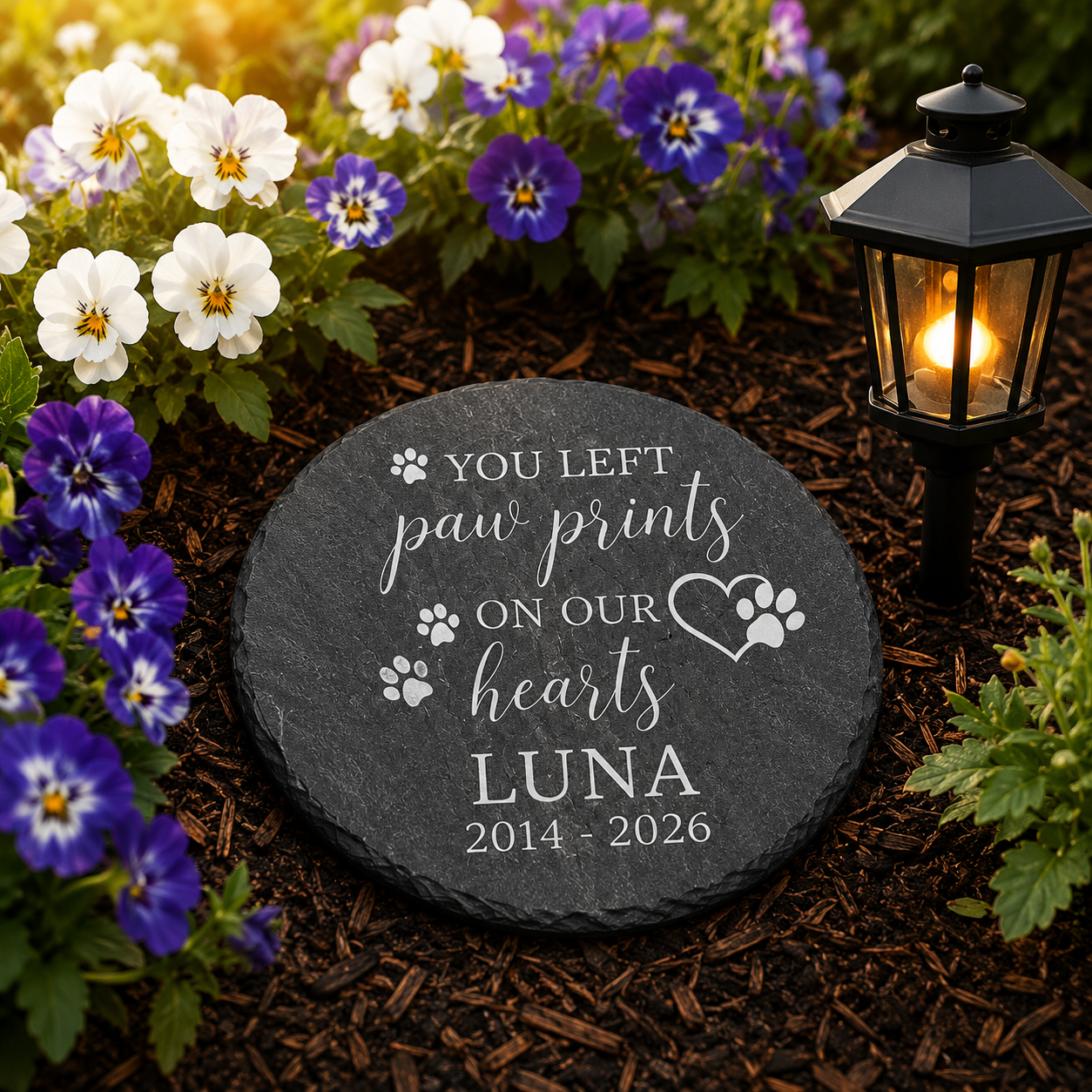 Memorial stone with engraved text surrounded by flowers and a lantern