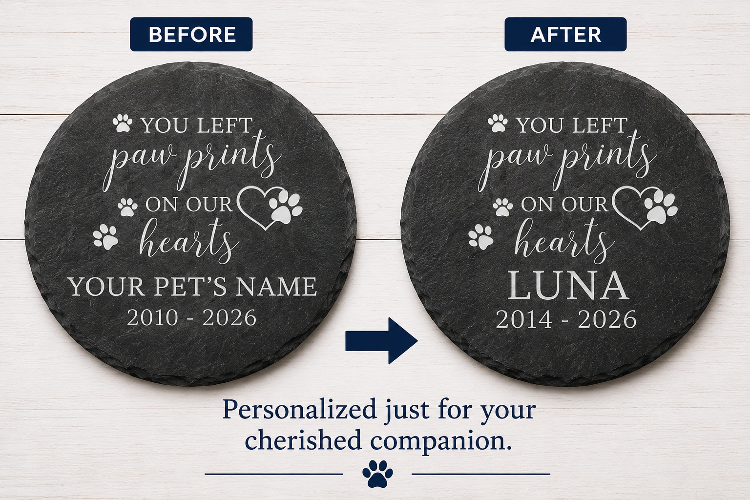 Two slate coasters with engraved text, one before and one after personalization, on a light wooden background.