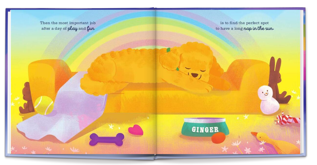 Illustrated book page with a dog lying on a beach, surrounded by toys and a rainbow.