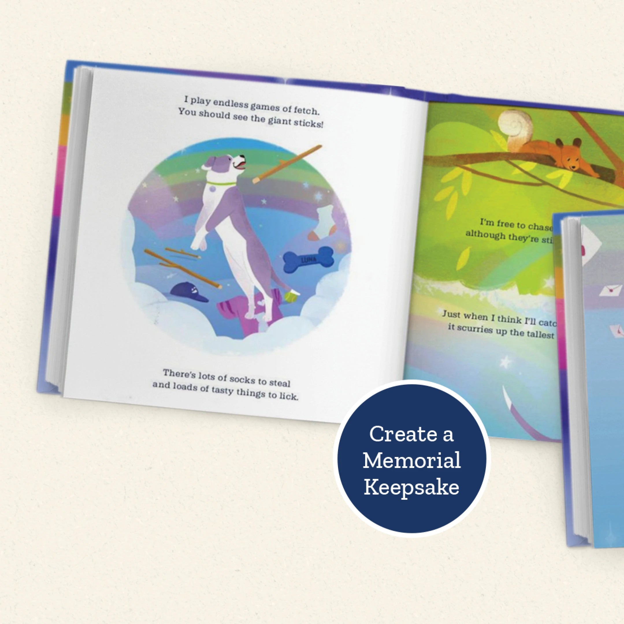 Open children's book with colorful illustrations on a light background