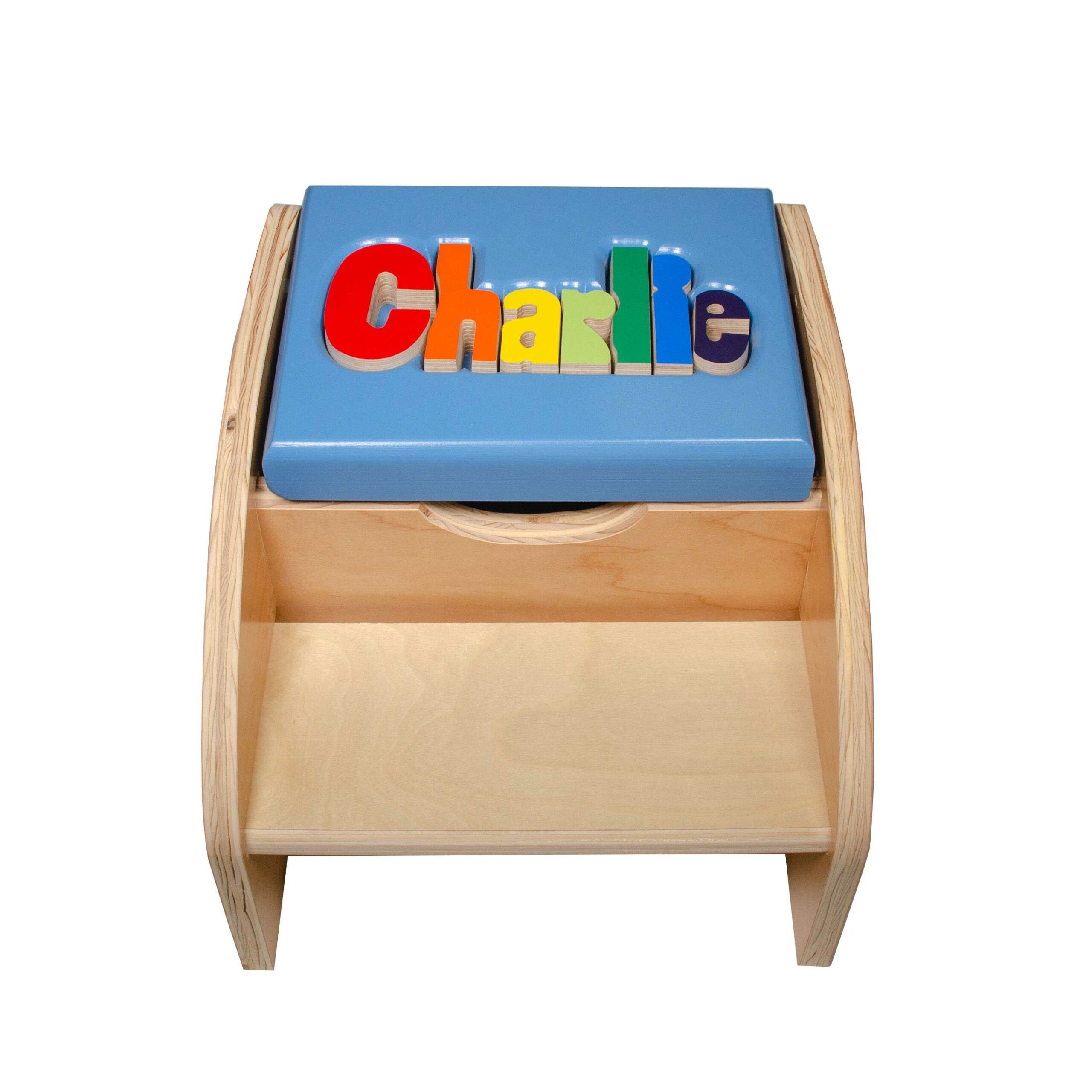 Personalized 2 Step Maple Puzzle Stool with Storage – Custom Name