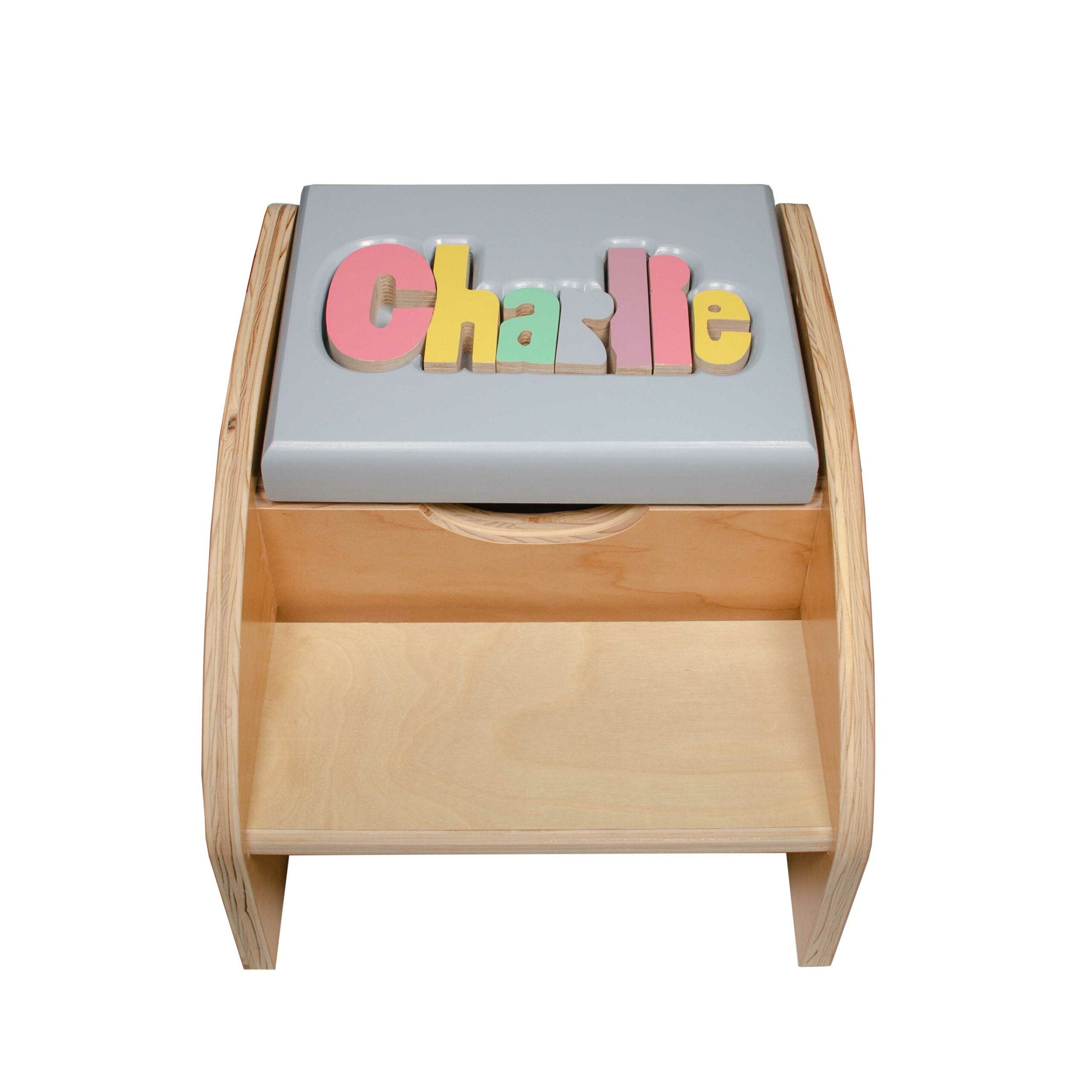 Personalized 2 Step Maple Puzzle Stool with Storage – Custom Name