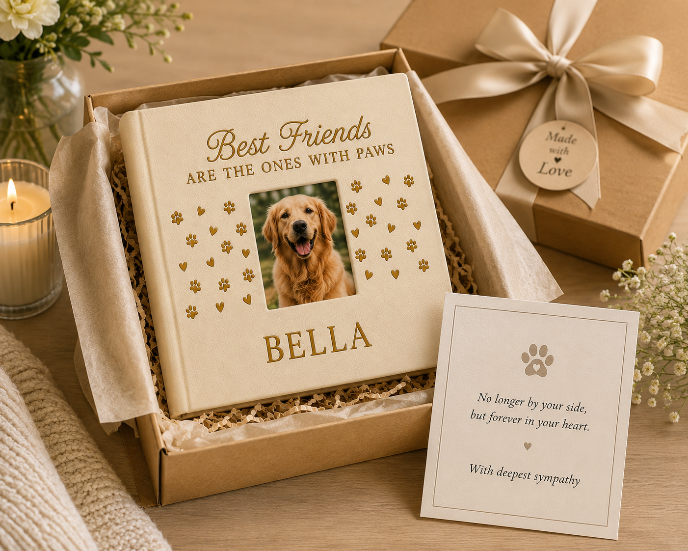 Memorial book for a pet named Bella with a photo of a dog, surrounded by flowers and a candle.