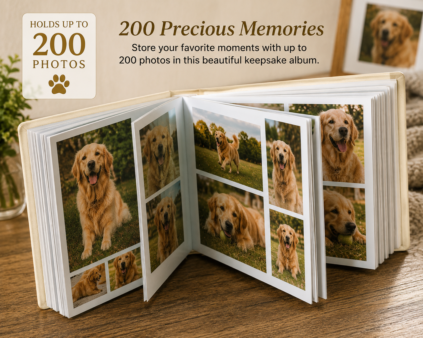 Open photo album with dog pictures on a wooden surface, text about holding 200 photos.