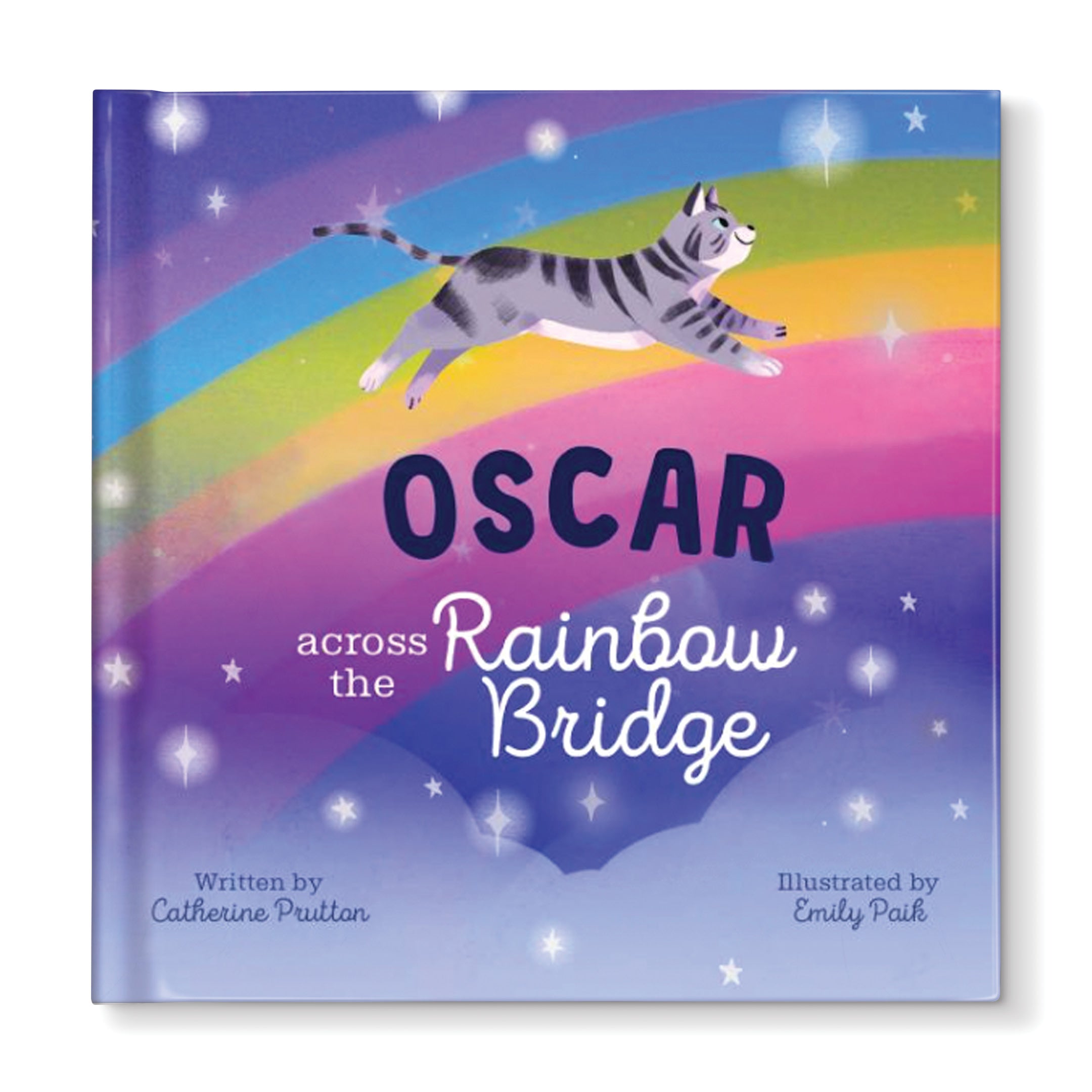 Book cover of 'Oscar Across the Rainbow Bridge' with a cat and rainbow design.