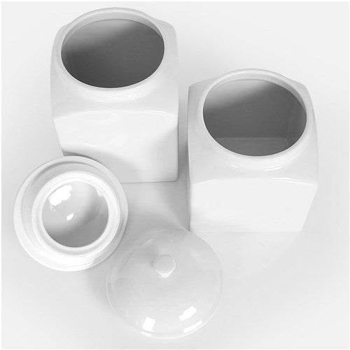 White cylindrical container with three circular compartments on a white background