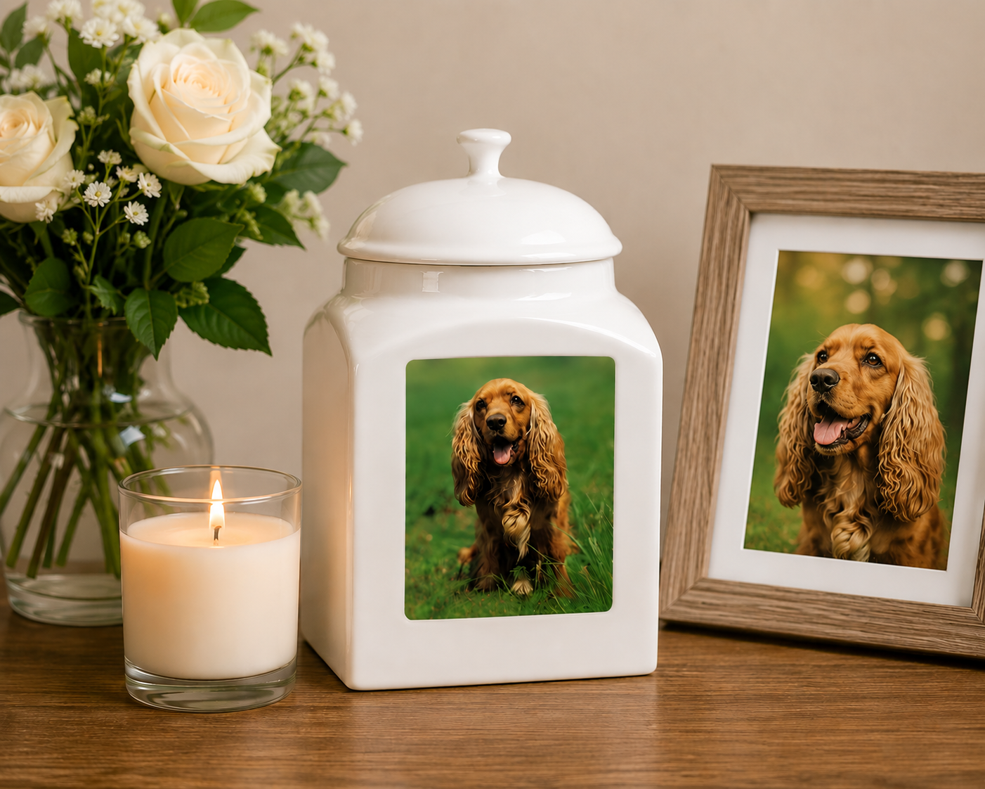 White lantern with a photo of a dog, framed picture of a dog, candle, and flowers on a wooden surface.