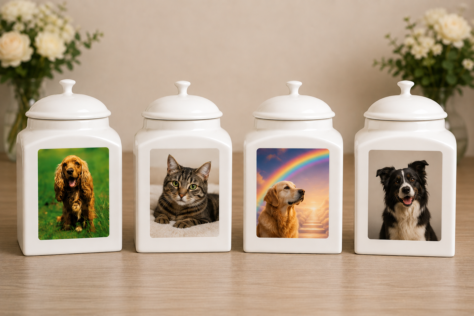 Four white ceramic jars with photo lids featuring animals on a wooden surface.