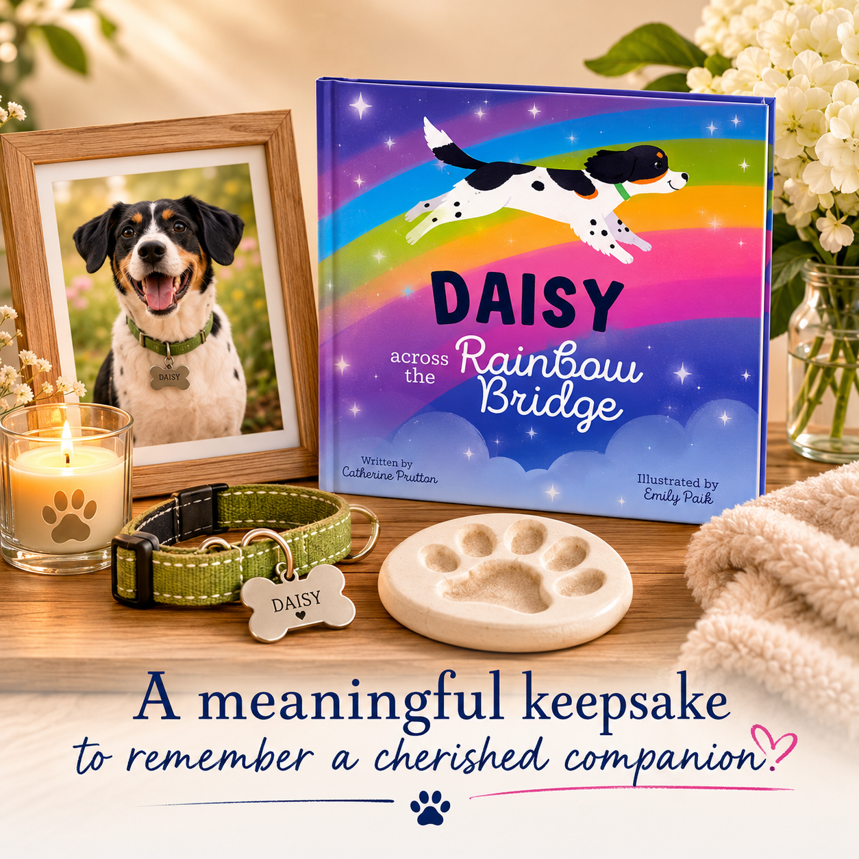 Book titled 'Daisy Across the Rainbow Bridge' with a dog photo, paw print, and candle on a wooden surface.