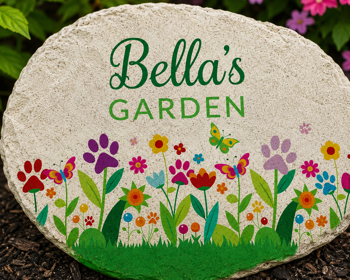 Decorative stone with 'Bella's Garden' and floral designs on a garden background