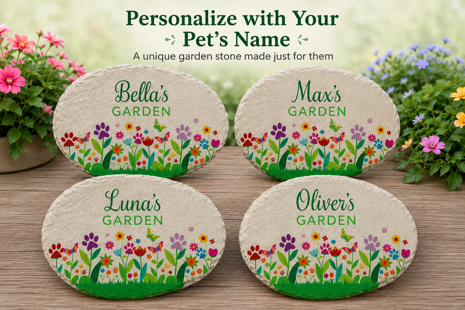 Four personalized garden stones with names 'Bella', 'Max', 'Luna', and 'Oliver' on a wooden surface with flowers in the background.
