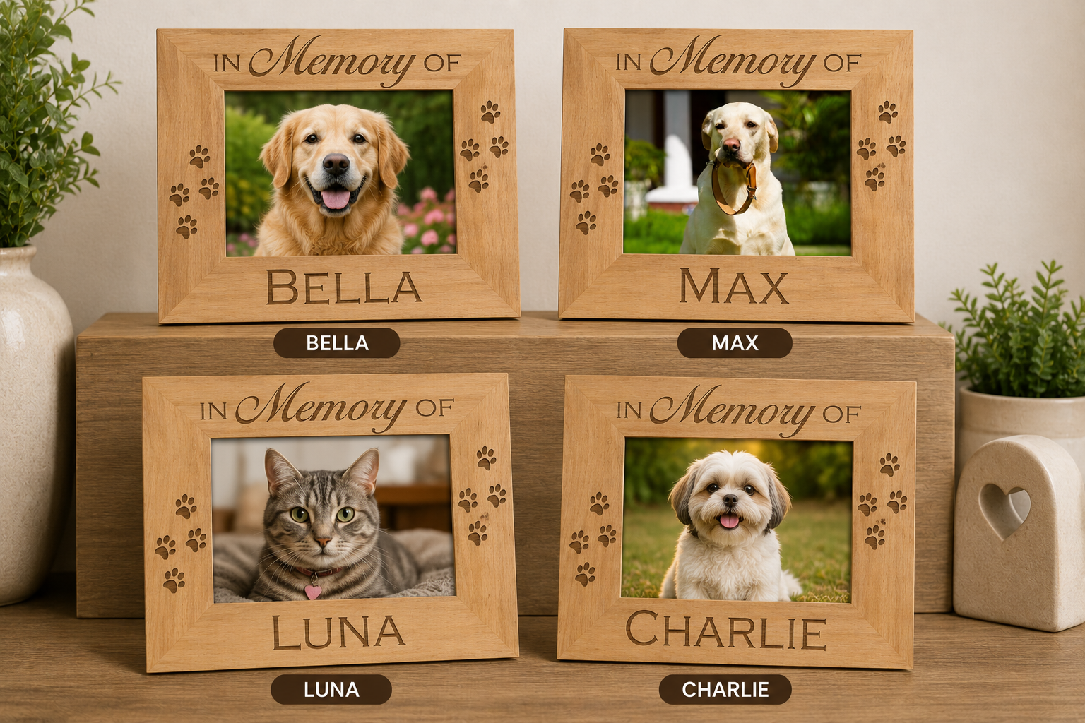 Four wooden photo frames with images of pets and their names on a wooden surface.