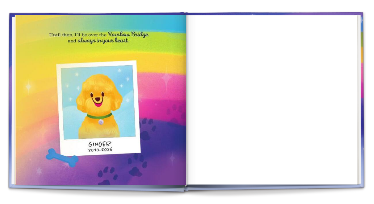Colorful book with a cartoon dog illustration and rainbow gradient