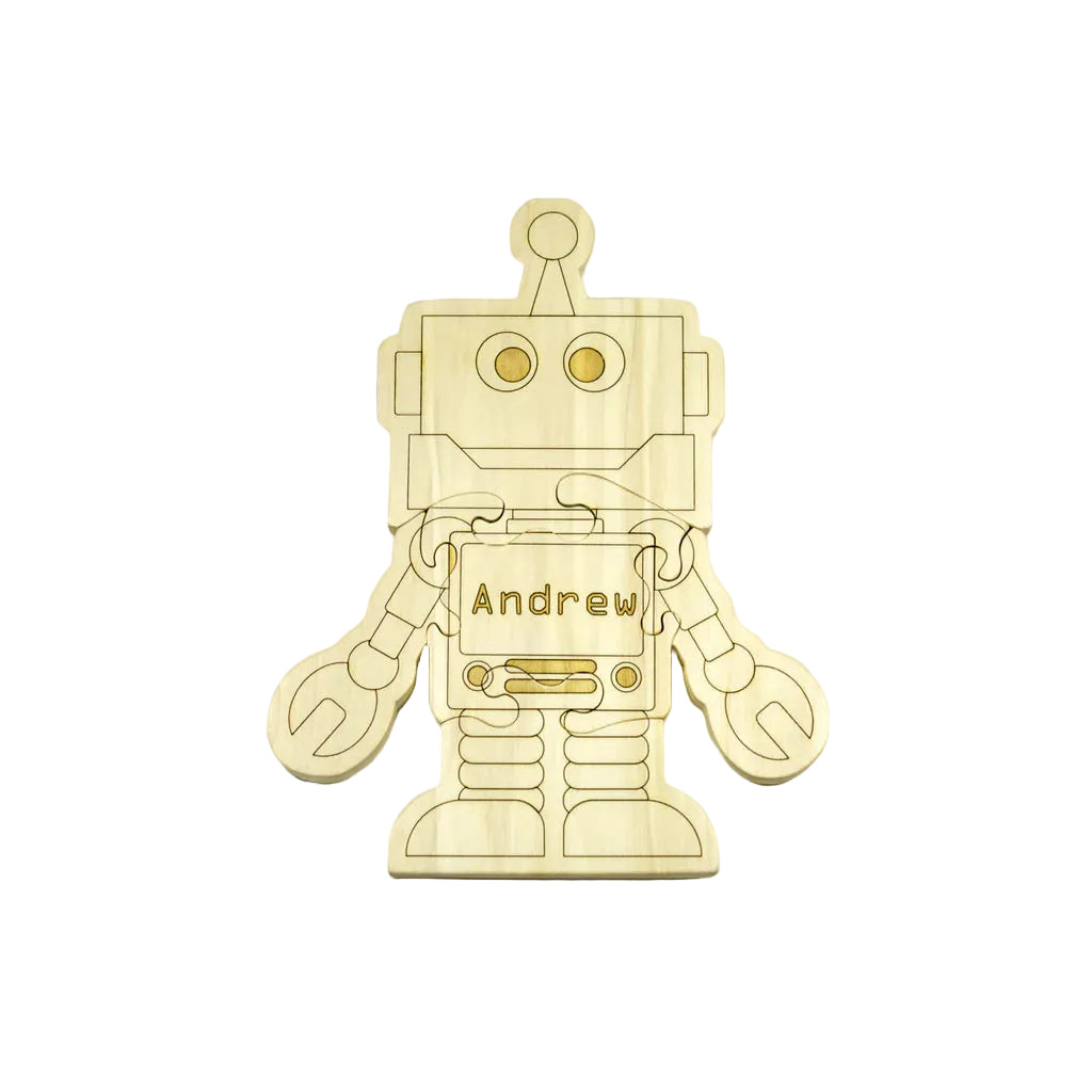 Wooden robot puzzle with 'Andrew' on a white background