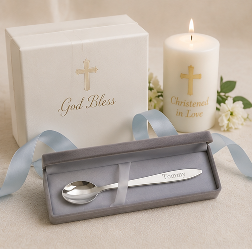 Personalized spoon in a box with a 'God Bless' message, next to a 'Christened in Love' candle.
