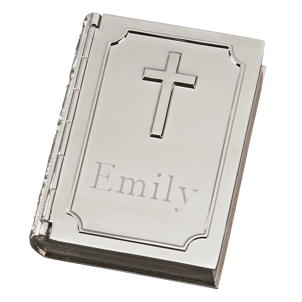 Engraved Book Shaped Box with Cross on Cover and Lined Compartment