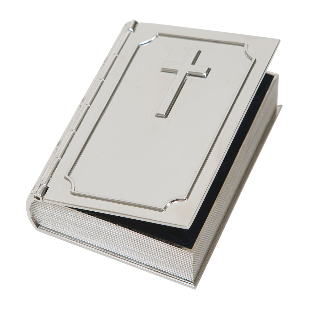 Engraved Book Shaped Box with Cross on Cover and Lined Compartment