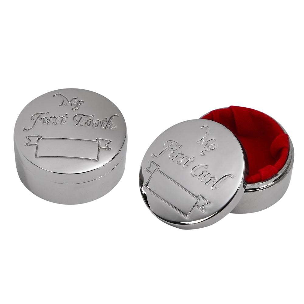 Engraved First Tooth & First Curl Round Silver Box Set