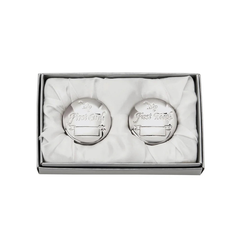 Engraved First Tooth & First Curl Round Silver Box Set