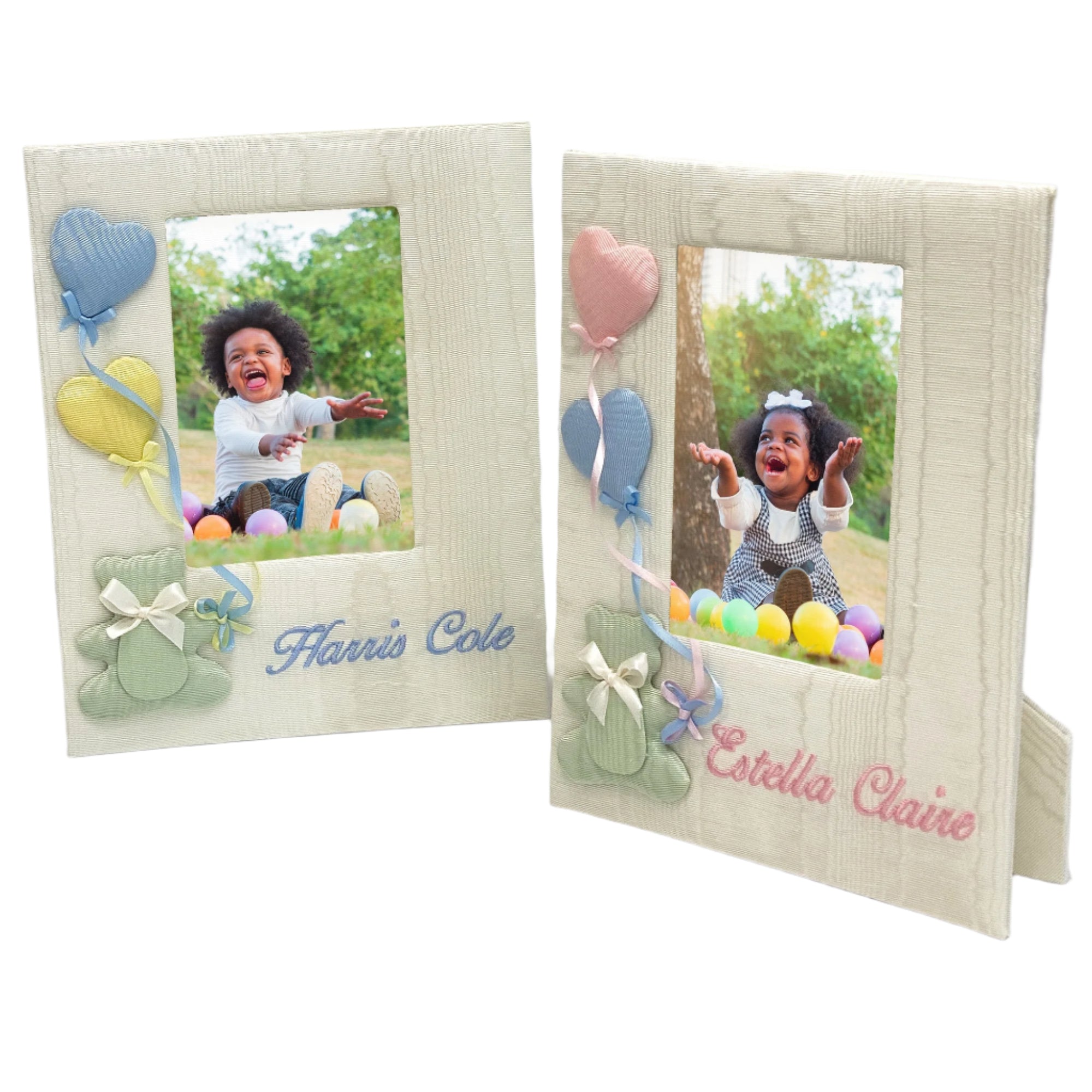 Baby Photo Frame Handmade in Moiré with Bear & Balloons - Personalized