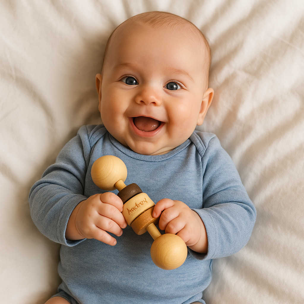 Three Rings Personalized Wooden Baby Rattle | Handmade Natural Toy