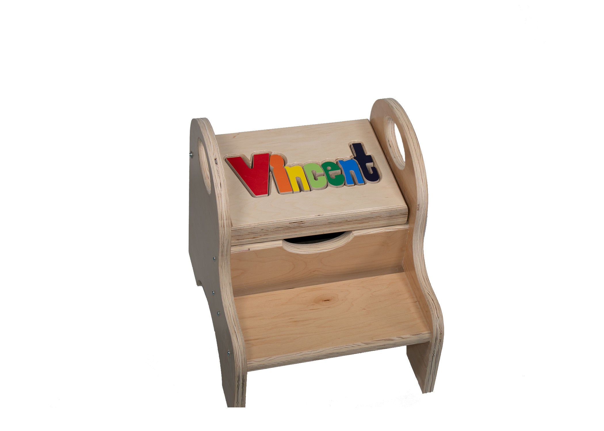 Children's Two Step Maple Puzzle Name Handle Stool with Storage Space