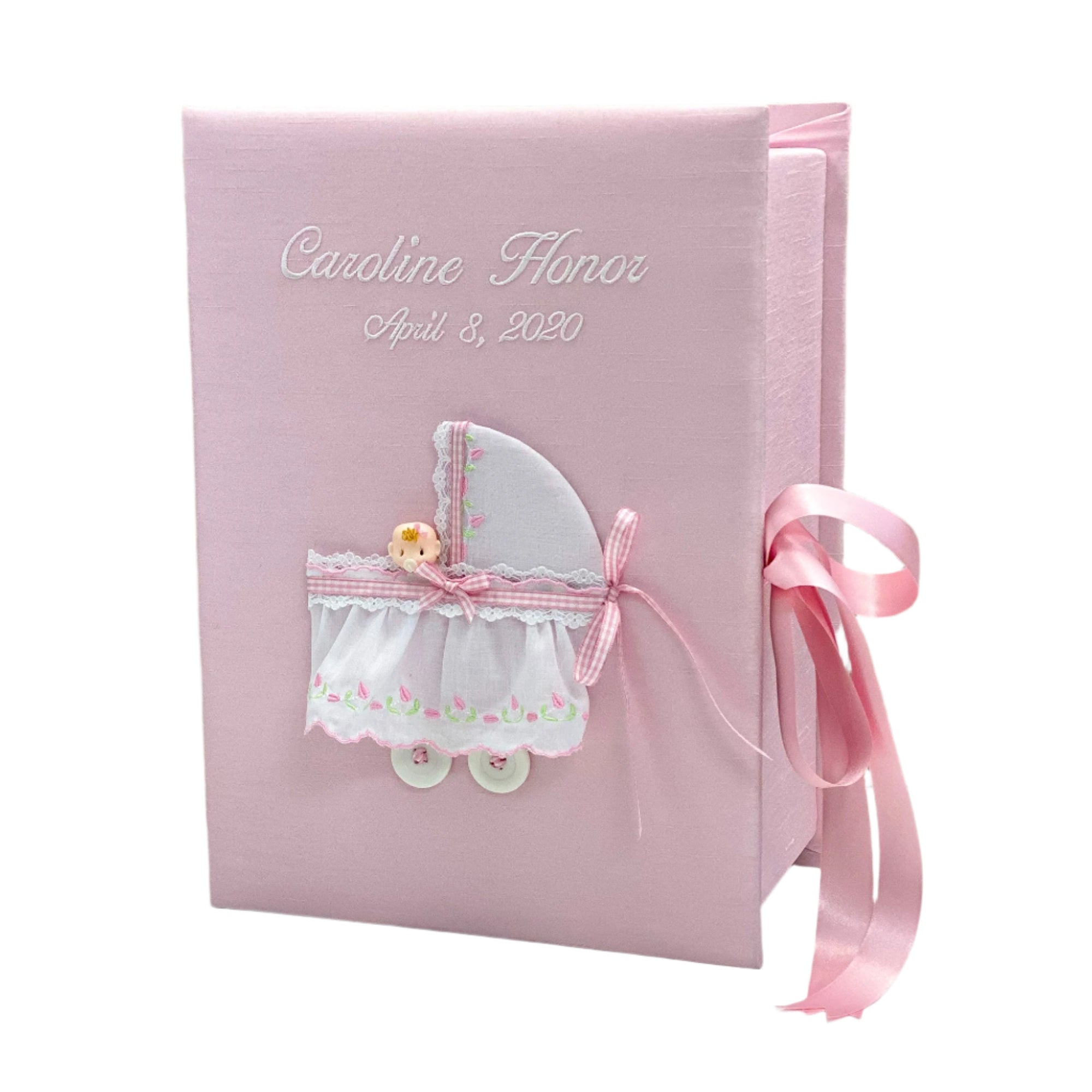 Custom Made Baby Memory/Keepsake Box in Shantung with Swiss Batiste Baby Carriage - Medium Pic1